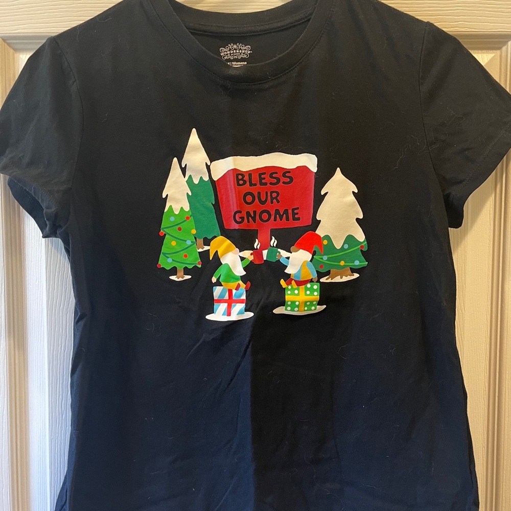 Wondershop Black T-Shirt with Festive Gnome and Green Accents